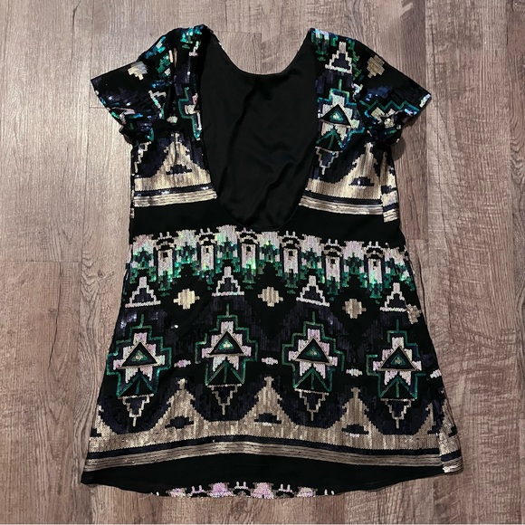 Show Me Your MuMu Black Sequin Mini Dress with Teal & Silver Pattern Sz medium - Picture 2 of 4